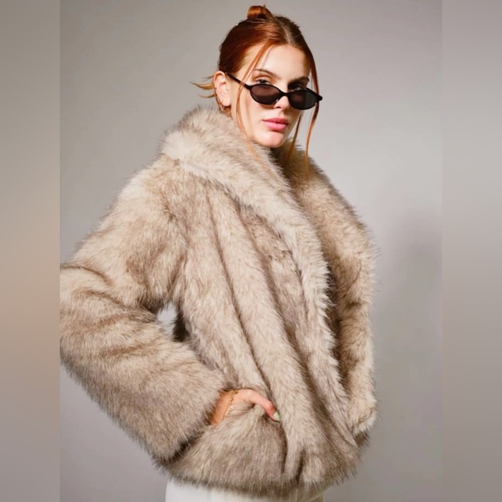 New blue b Taupe Light Brown Neutral Lined Plush Two-tone Faux Fur Coat Jacket S - Picture 2 of 4